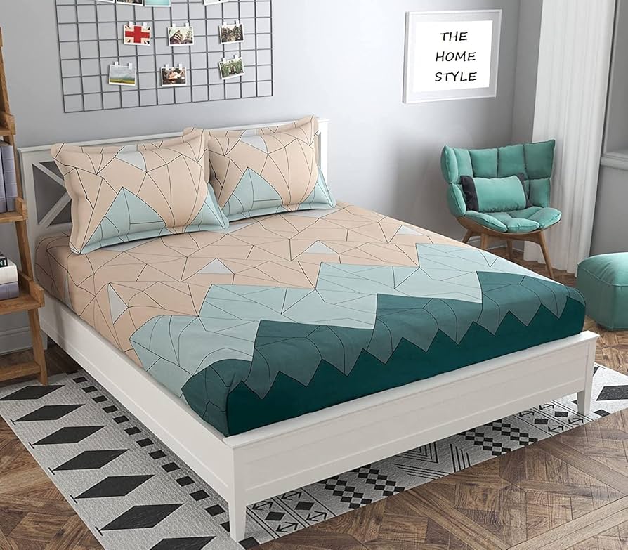 Geometric Teal & Beige Cotton Bedsheet Set