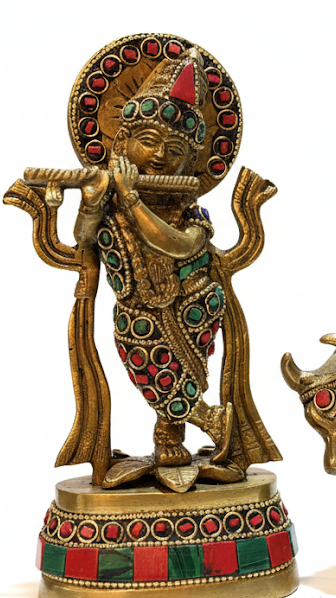 Brass Krishna with Kamdhenu Cow & Calf – Handcrafted Decorative Idol