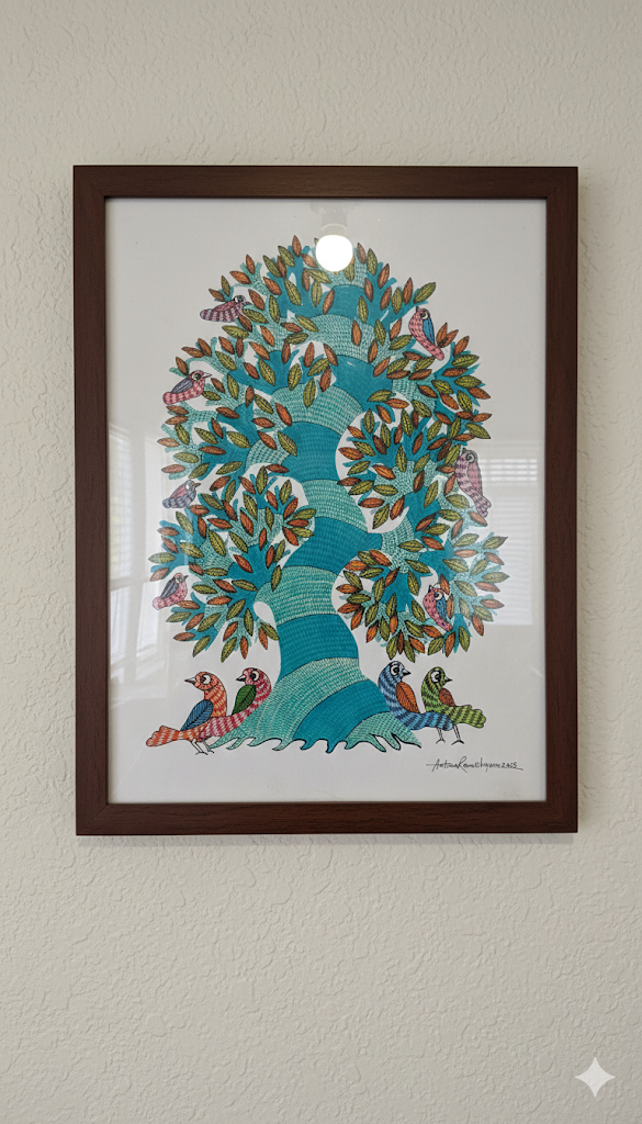 Handcrafted Folk Art Tree & Birds – Framed Wall Painting