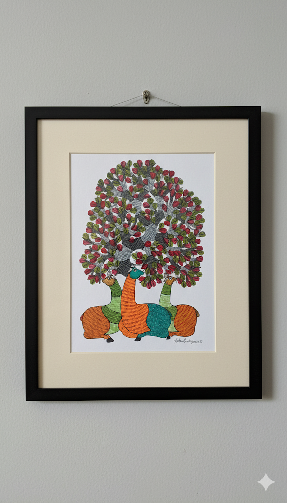 The Crimson Canopy: A Gond Trio in Repose