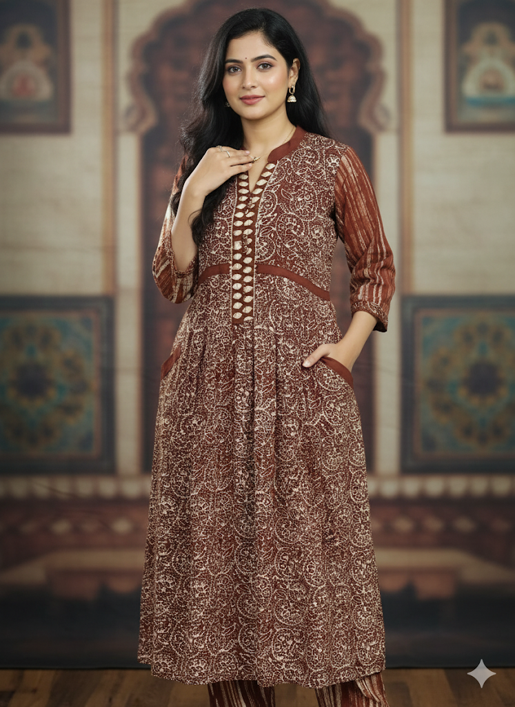 Chestnut Brown Ethnic Printed Kurta Set