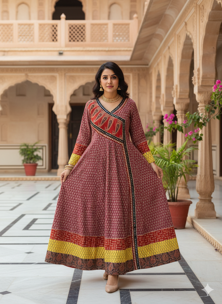 Maroon Ethnic Printed Wrap-Style Anarkali Kurta