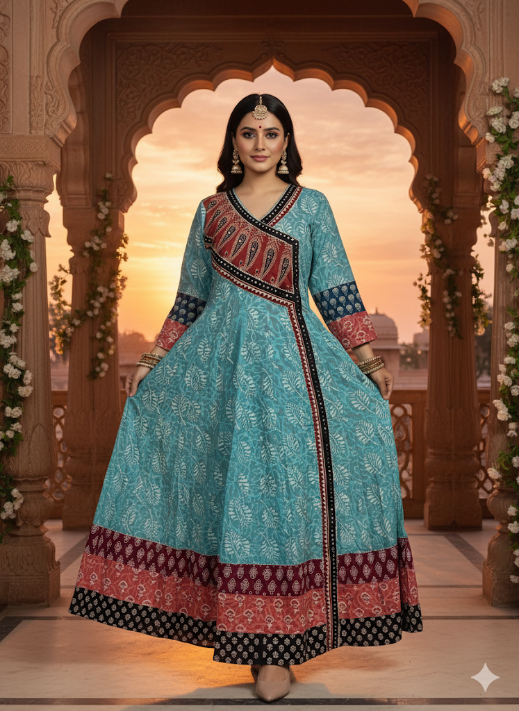 Teal Blue Ethnic Printed Wrap-Style Anarkali Kurta