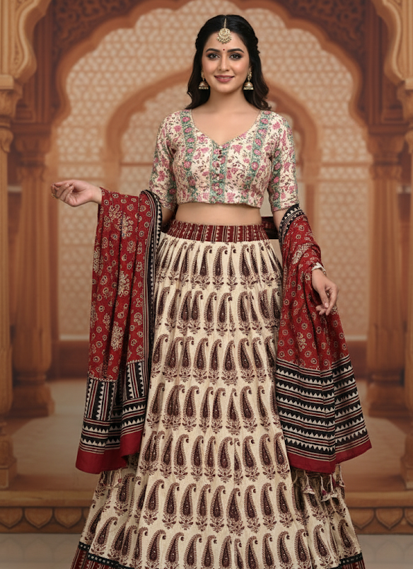 Ivory & Maroon Printed Lehenga Set with Dupatta