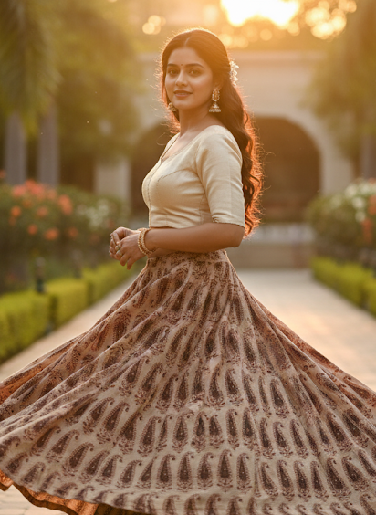 Beige & Brown Ethnic Printed Flared Skirt Set