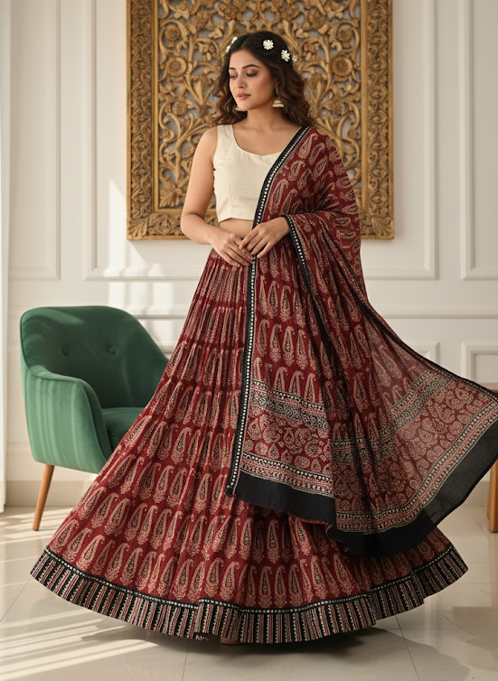 Maroon Paisley Printed Lehenga Set with Dupatta (Copy) (Copy)