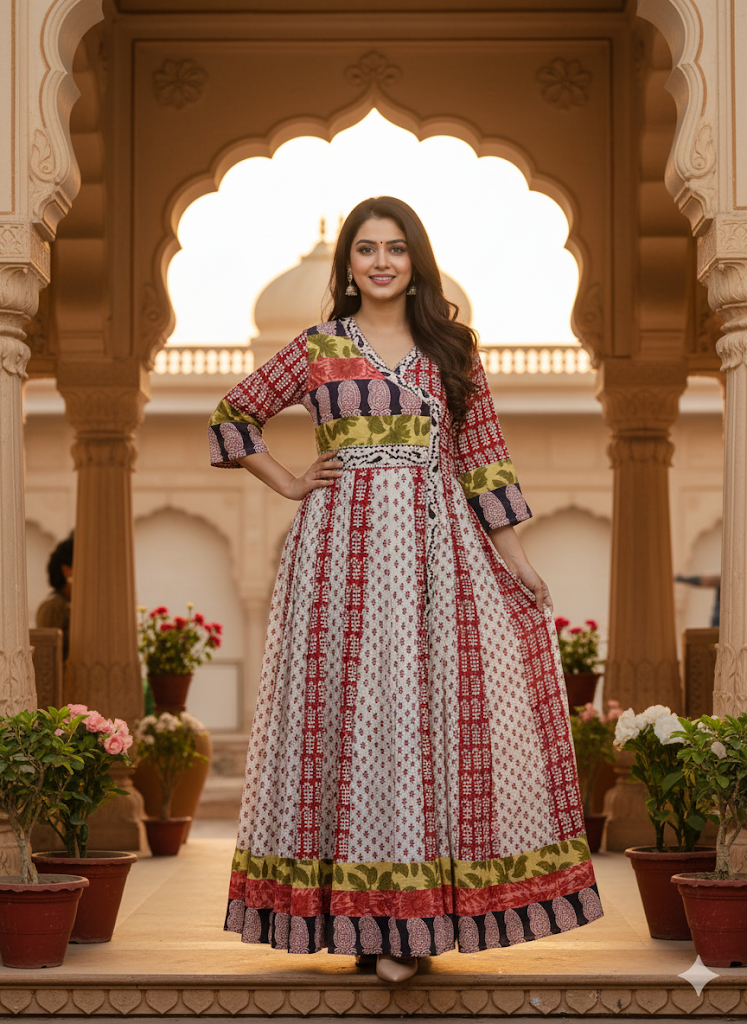 Ivory & Maroon Patchwork Printed Anarkali Kurta