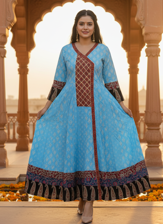 Sky Blue Ethnic Printed Anarkali Kurta