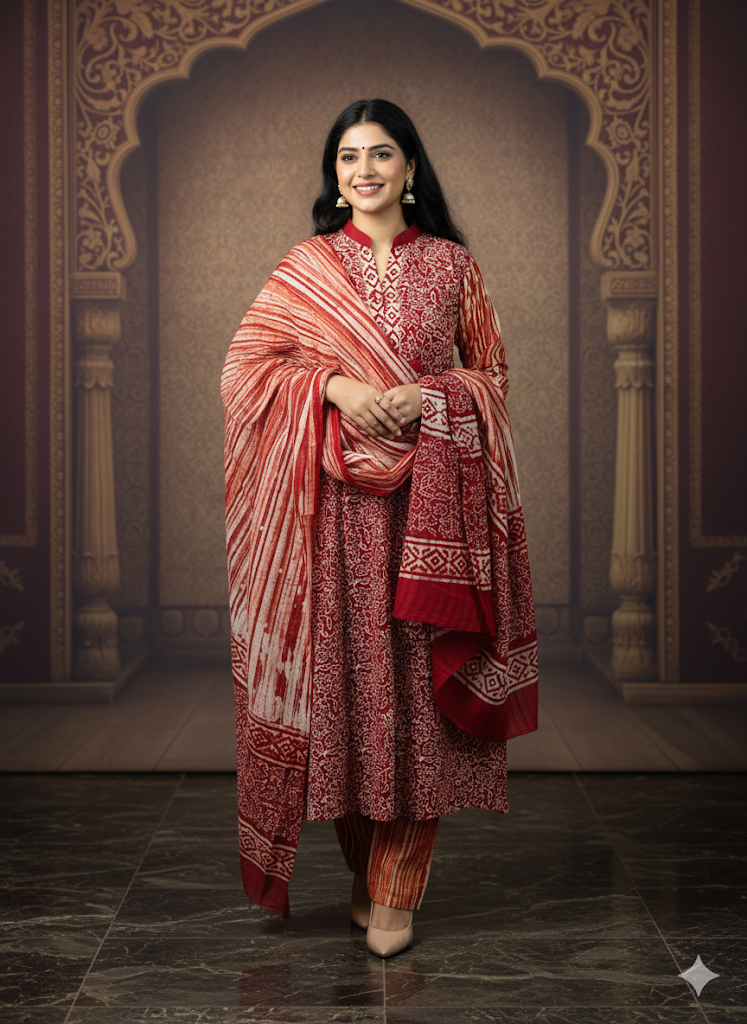 Crimson Red Ethnic Printed Kurta Set with Dupatta