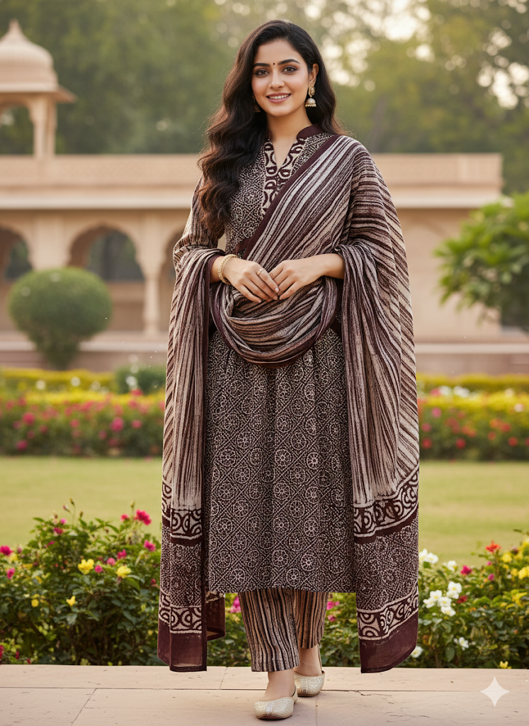 Earthy Brown Ethnic Printed Kurta Set with Dupatta