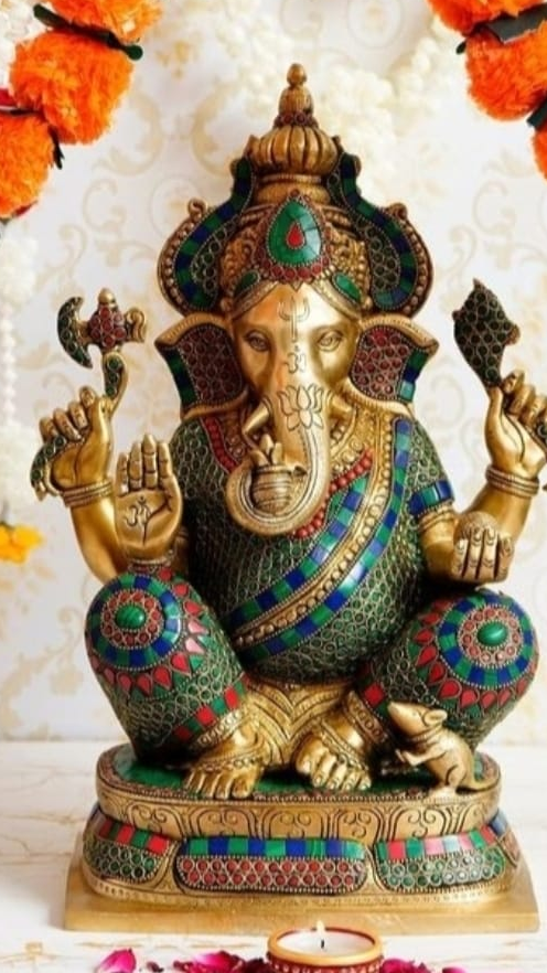 Handcrafted Brass Lord Ganesha Idol with Colorful Stone Work