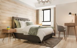 3d rendering beautiful luxury bedroom suite in hotel with working table